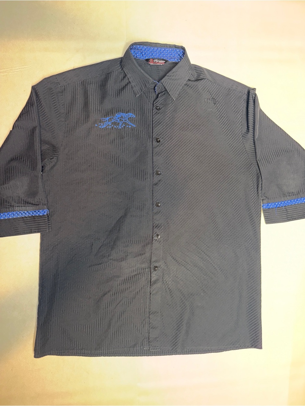 Men's Black Dress Shirt with Blue Trim and Embroidered Detail
